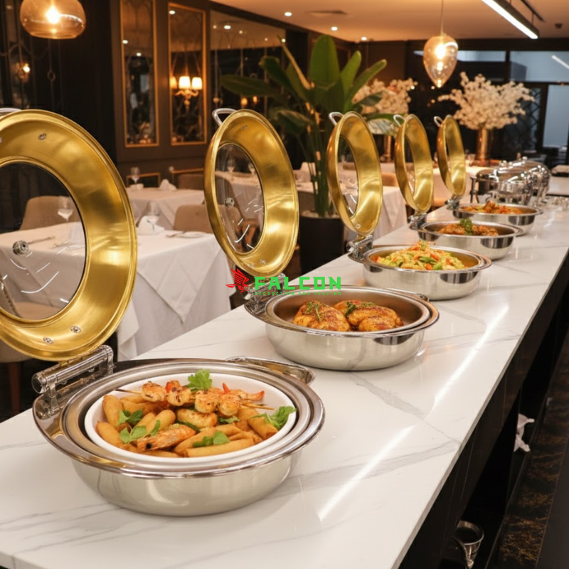 Nồi hâm buffet hình tròn chất liệu mạ vàng cao cấp